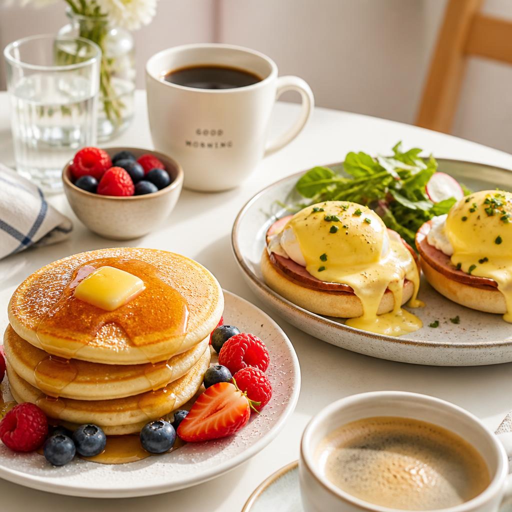 Breakfast spread with pancakes and coffee