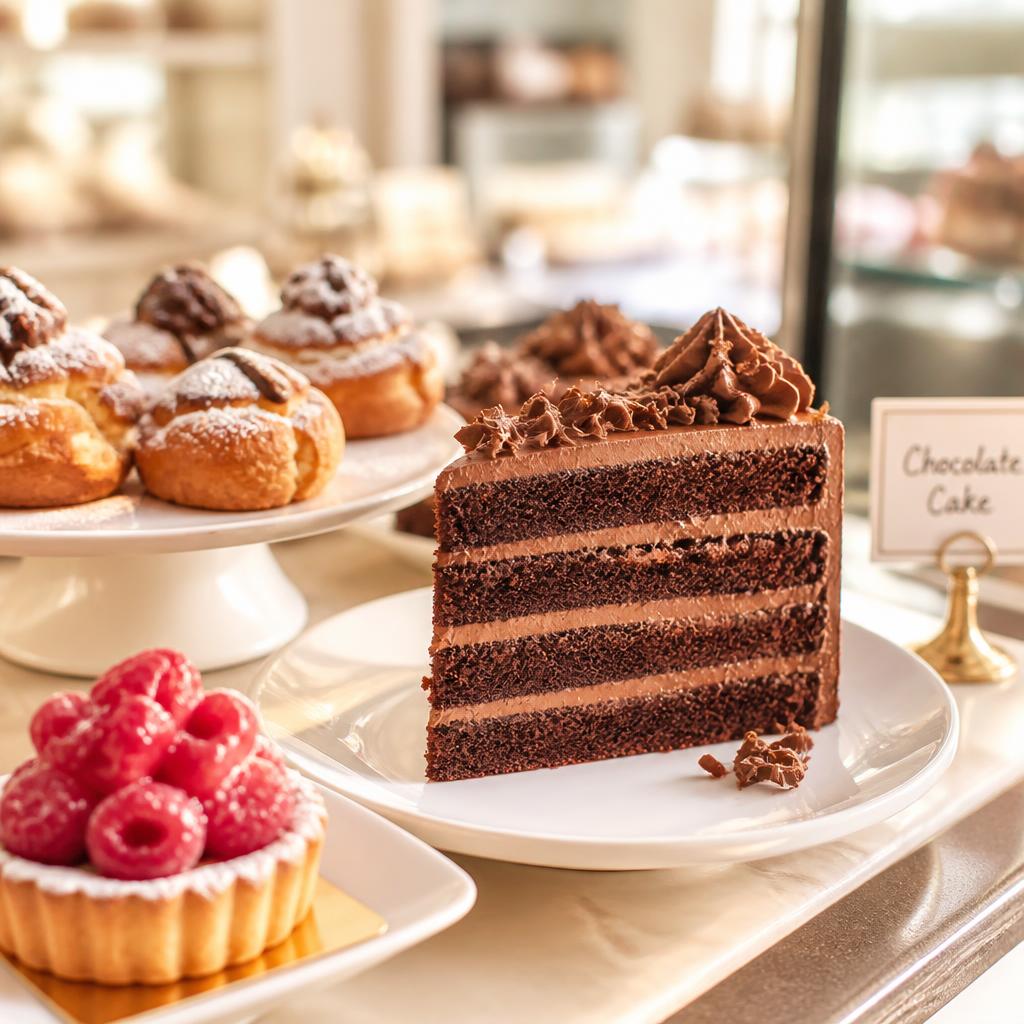 Chocolate cake and pastries at a bakery counter