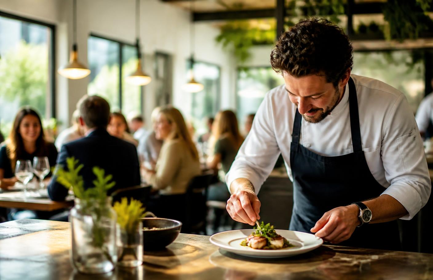Chef plating a dish in a busy dining room